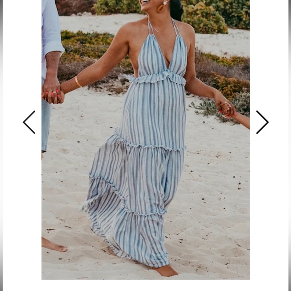 Lulus Vacay Babe Grey White Blue Striped Halter Maxi Dress M - Picture 4 of 15